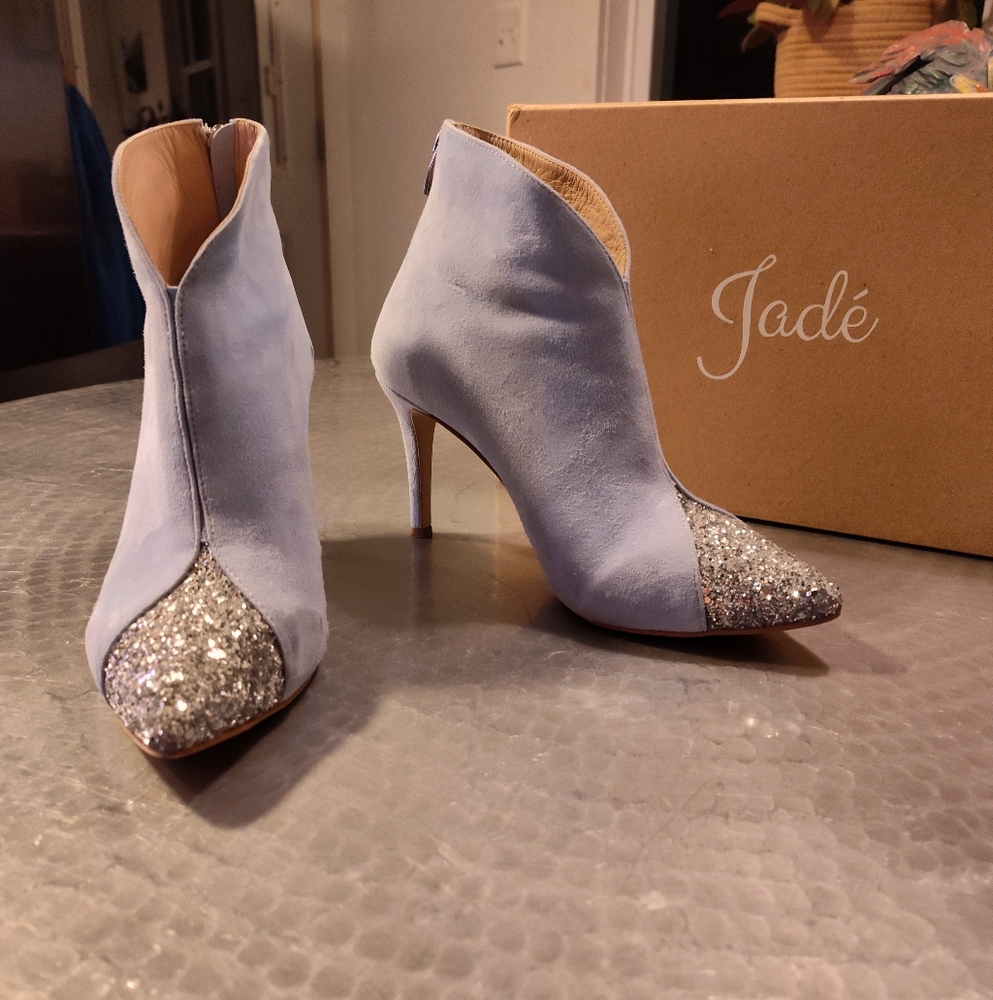Bridal Couture Custom Icy Baby Aquamarine Blue Suede Glitter Toe Heeled Boots